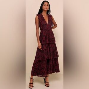 Lulu’s Molinetto Burgundy Lace Ruffled Tiered Sleeveless Maxi Dress